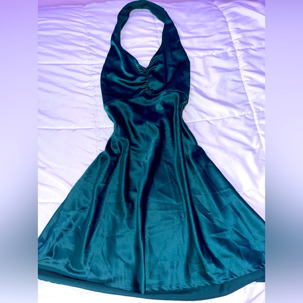Green satin backless mini dress